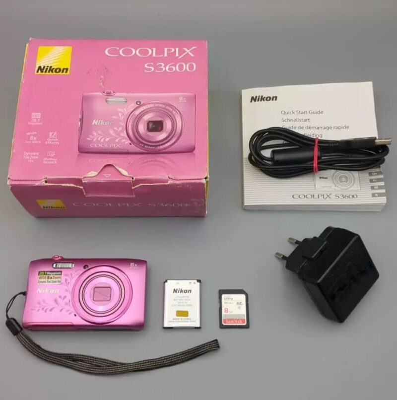 Nikon Coolpix S3600 20.1MP Digital Camera – 8x Zoom, Compact Pink, Includes Charger & SD Card